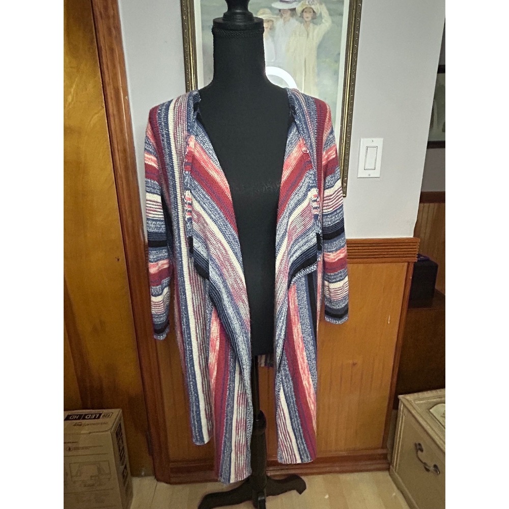 C.J. Banks Womens Large Striped Open Front Waterfall Cardigan Sweater Red Blue